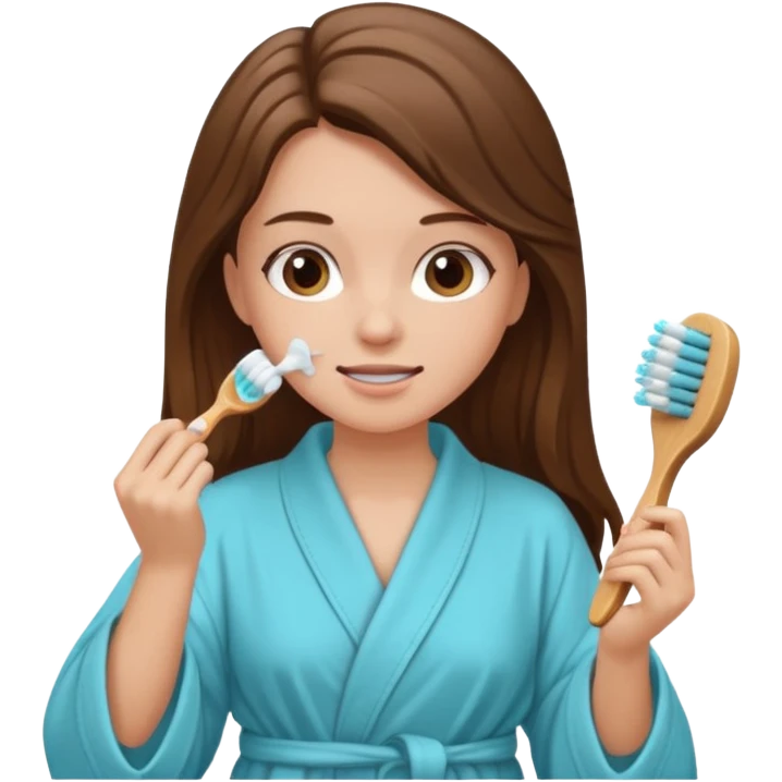 clean white girl long brown hair in robe brushing teeth hair up after shower  emoji
