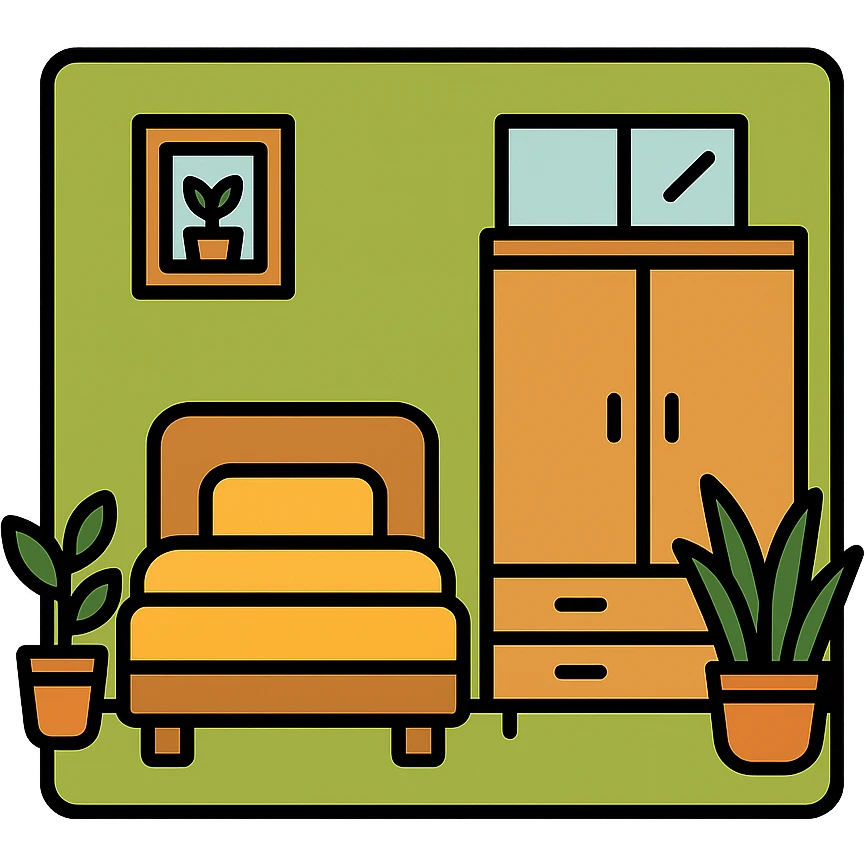 Organizing bedroom with olive green walls, wood bed, plants around, and wood closet emoji
