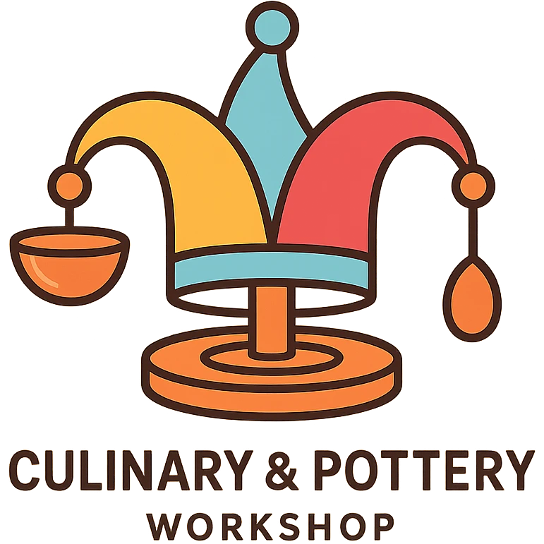 branding logo for culinary and pottery workshop featuring a jester's hat with subtle ceramic glaze, pottery wheel base, one bell is a clay bowl, another is a wooden spoon, warm inviting colors yellow, sky blue, raspberry red, playful and elegant emoji