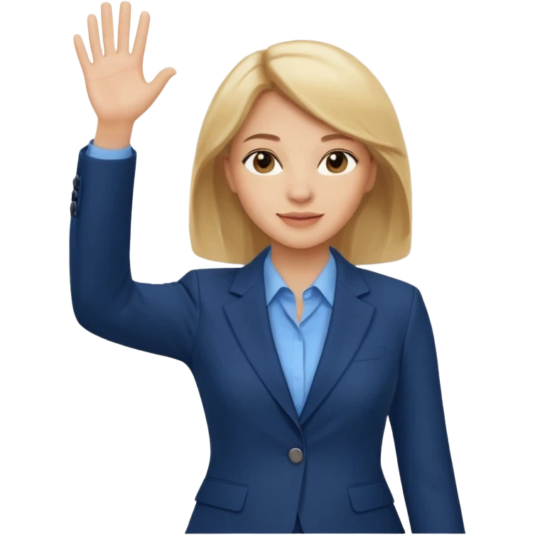 Make emoji of business woman with light skin and medium blonde hair in a dark blue business suit and light blue shirt waiving to new clients emoji