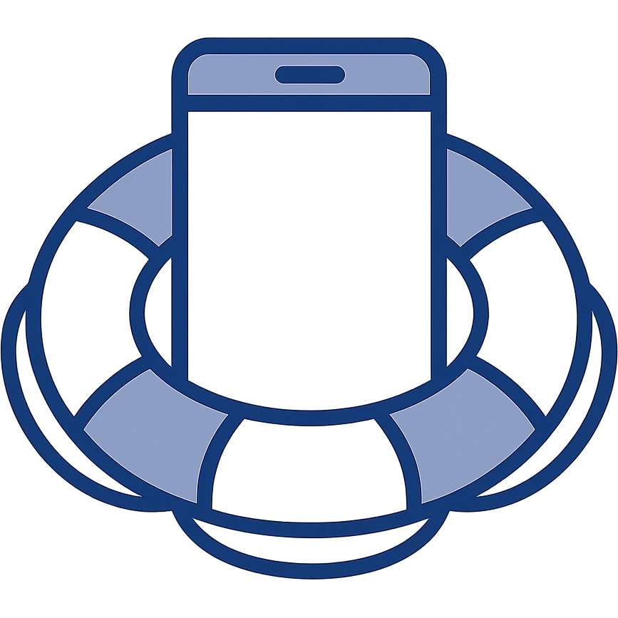 smartphone inside a lifebuoy, flat design style, simple colors emoji
