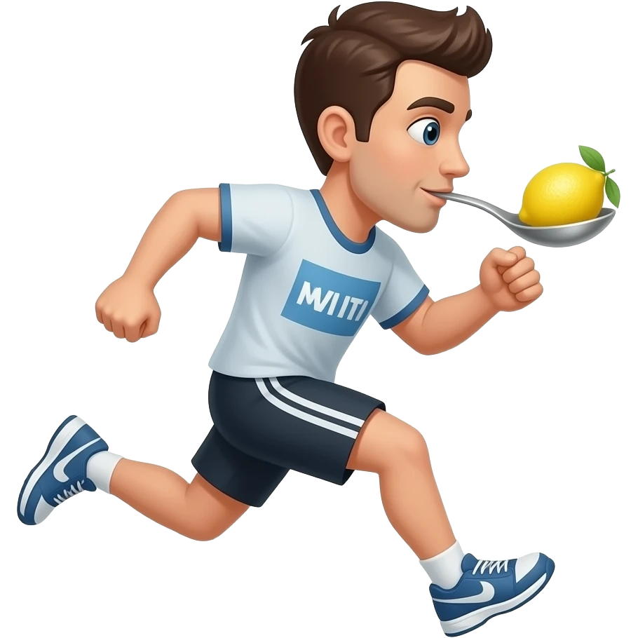 man racing with spoon and lemon in his mouth the lemon is on the spoon and the spoon is in his mouth properly emoji