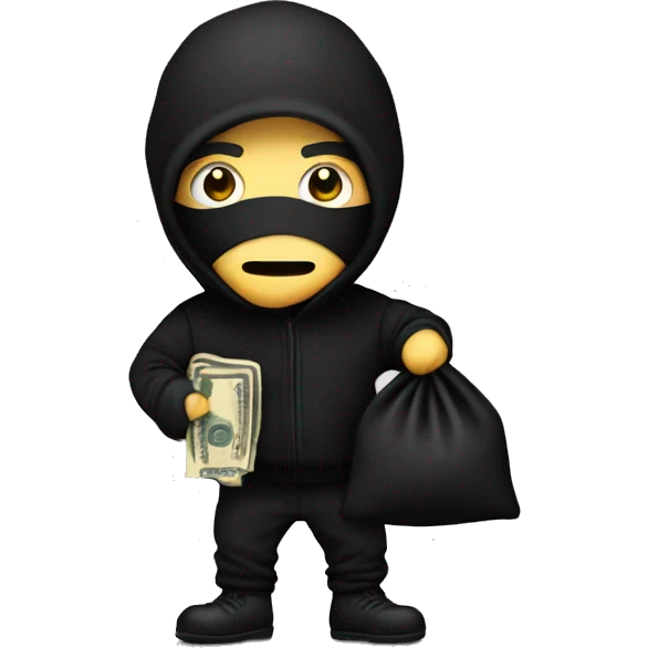 Thief wearing all black clothes actively stealing a money bag with the words Top Tier embroidered on it emoji