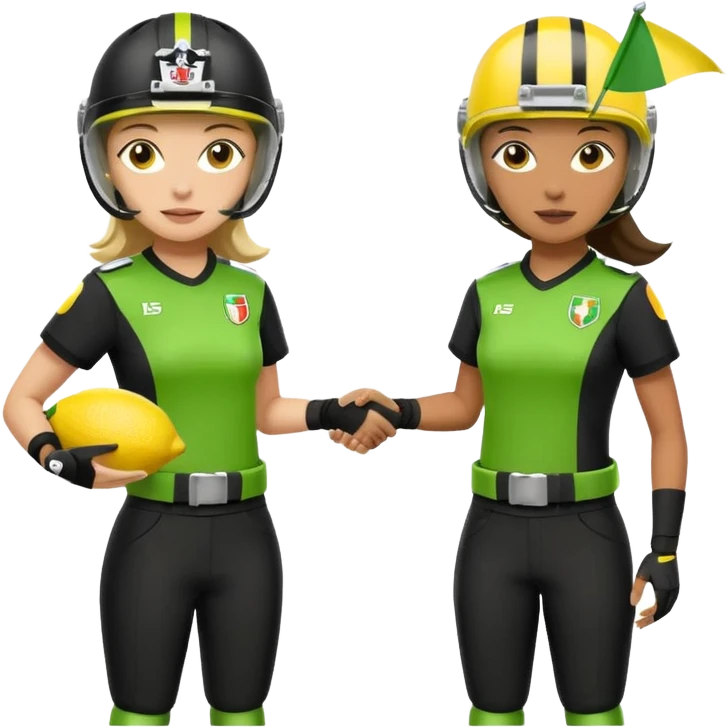 woman pulling a lemon lime flag from another player's belt, both wearing helmets and black uniforms with white accents, football present, no country flags emoji