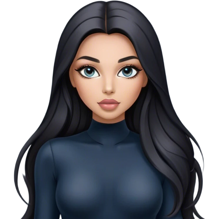 Glamours, tanned, very beautiful girl, with big pump peach-beige-rose lips, long long lashes, black straight smooth silky long hair, straight parting hair, blue-grey eyes in black long-sleeves bodysuit emoji