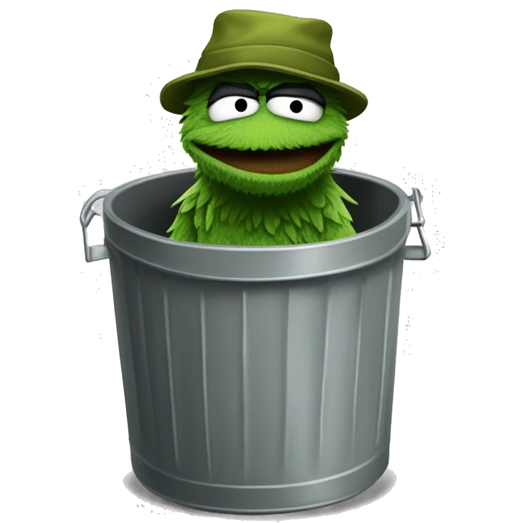Thug-Life Gangster-style Hood-version of Oscar the Grouch:
A grumpy, green creature living in a trash can, Oscar loves being grouchy and messy. His sarcastic wit and dislike for anything cheerful make him humorously endearing. emoji