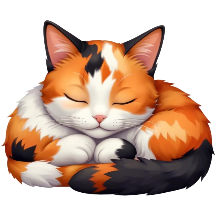 Meme-Worthy Cute Sleeping Calico Cat Portrait Emoji, Head resting peacefully with a content, gentle smile and softly closed eyes, featuring a delicate patchwork fur in vibrant orange, black, and white hues, simplified yet irresistibly endearing, highly detailed, glowing with a soft, drowsy radiance, high shine, exuding relaxed and utterly lovable charm, styled with a gentle, soft glowing outline, capturing the essence of a sleeping calico cat that appears destined to become a viral icon of adorable rest! emoji