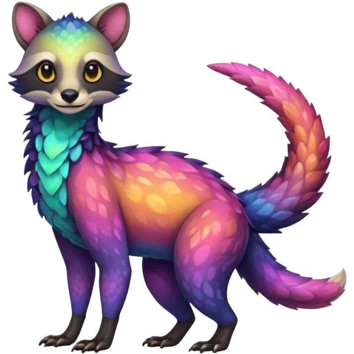 Colorful Fruity Iridescent Warm-colored Tropical Exotic Vernid-Sergal-Trico-Civet-fusion-hybrid-animal-creature, full body emoji