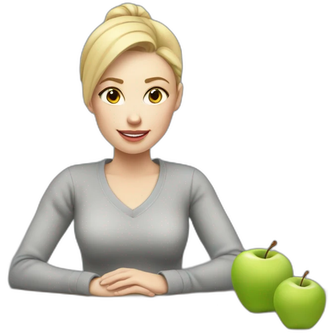 Woman with pale skin, short blonde ponytail and gray sweater sitting at table with Apple laptop emoji