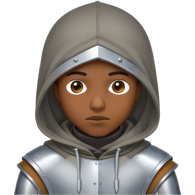 Young African-American hacker in a hoodie peeking through the visor of a Knight helmet while in the hoodie emoji