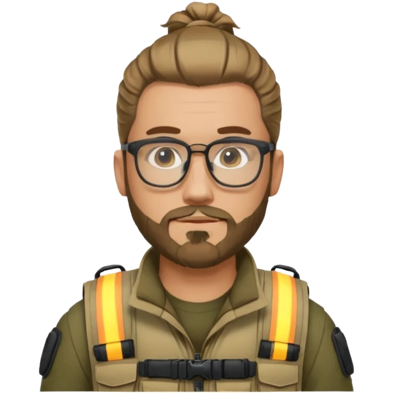 emoji of a man with a man bun, beard, glasses, and tactical vest emoji