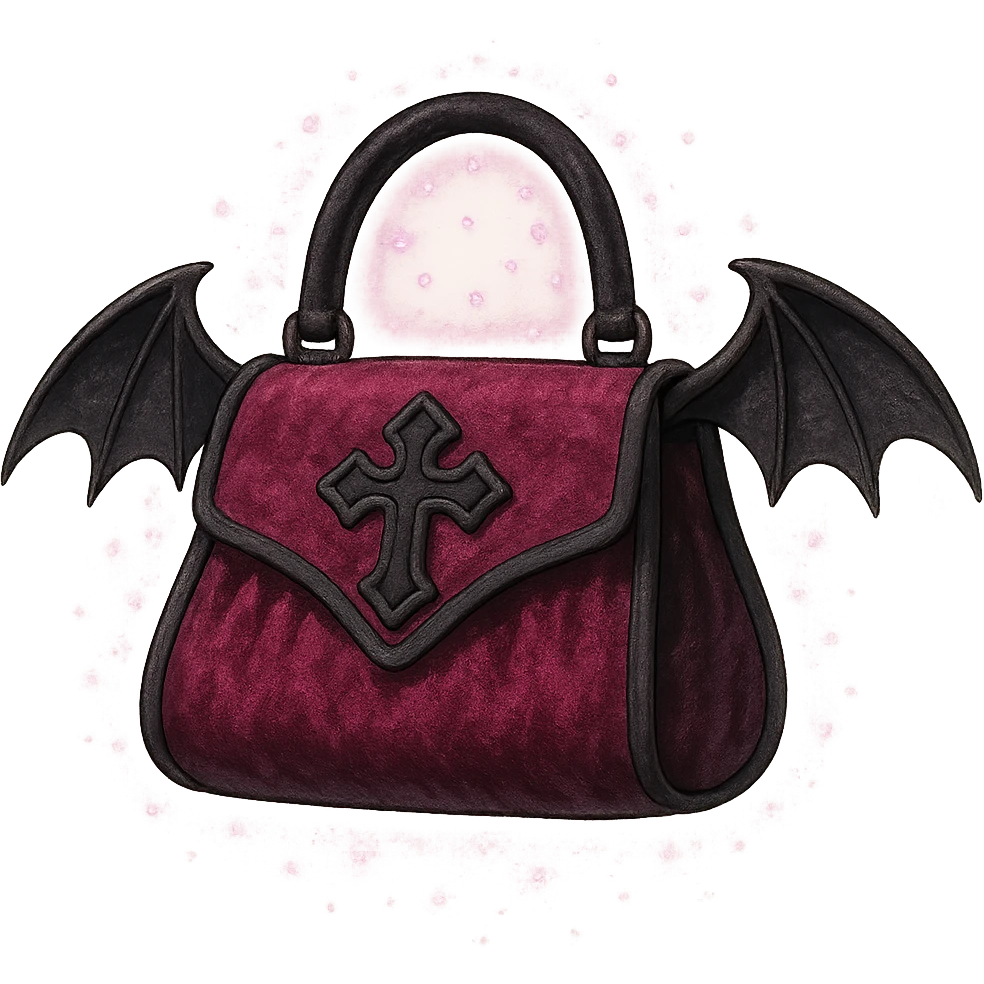 Pink and black gothic purse in Ghibli style, bat wing accents, velvet texture, magical aura, no background emoji