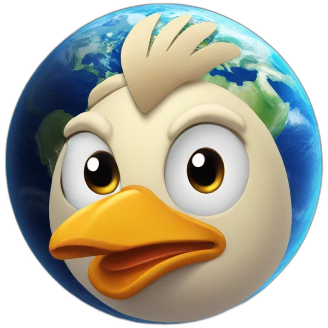 planet Earth with a cartoon chicken face with raised eyebrow emoji