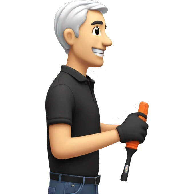 Technician with grey hair wearing a black polo shirt installs a TV to a white wall of an exhibition Booth using a screwdriver emoji