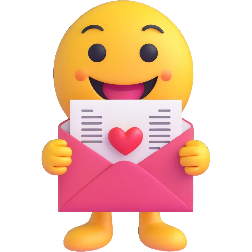 3D smiley emoji, nagy szempillás, szerelmes levéllel, mosolygós emoji