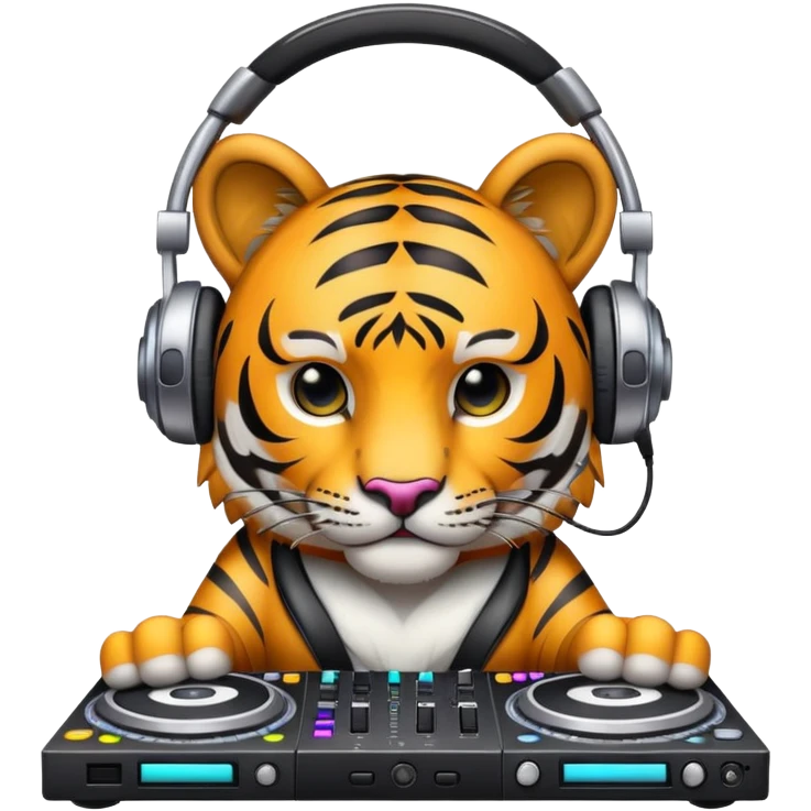 DJ tiger face with headphones and mixing deck for Twitch emote emoji
