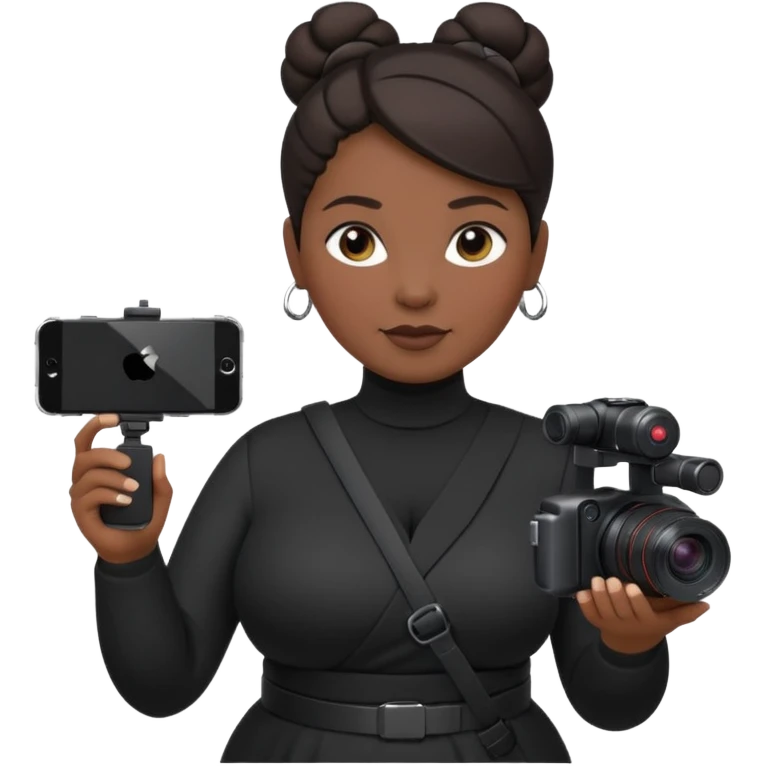 middle aged, plump woman photographer with dark hair, slicked back in a bun, wearing black clothes, carrying a canon r5, and an iPhone on a gimbal emoji