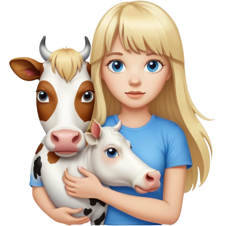 Woman whit hair long and blonde bangs in front, blue eyes, white t shirt carry a cow  emoji