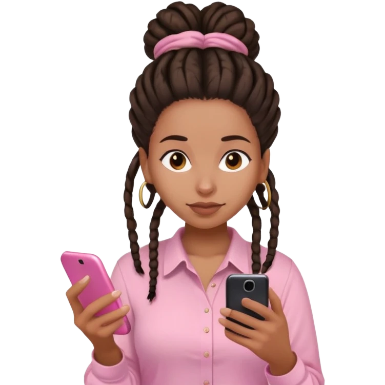 Dark brown woman with dreadlocks in bun Light pink shirt texting on pink phone emoji
