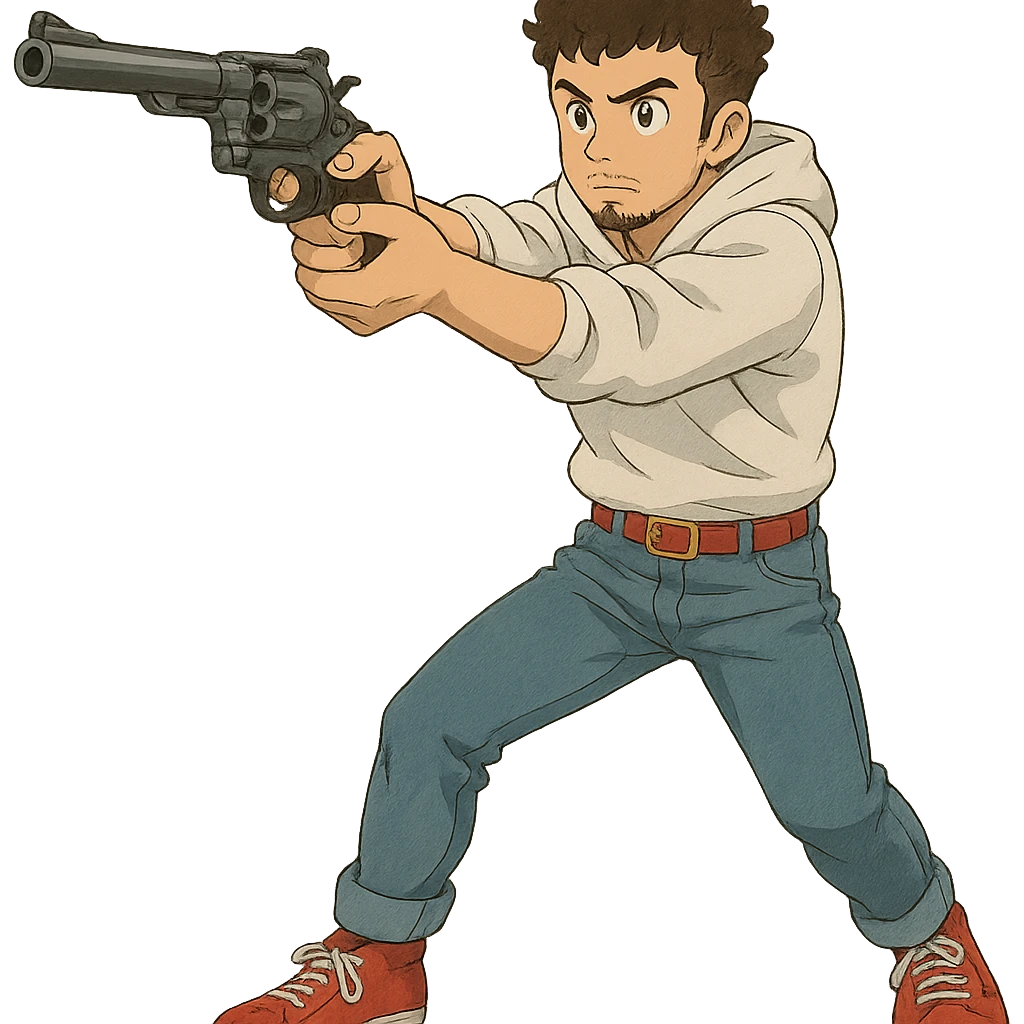 1 male, mid fade haircut dark chestnut brown curly hair, toasted lightskin, white hoodie sleeves up, fashion jeans, red fashion-sneakers shoes, red belt, short trimmed beard and goatee,  style of deku from "my hero academia", drawing a magnum revolver like dirty harry emoji