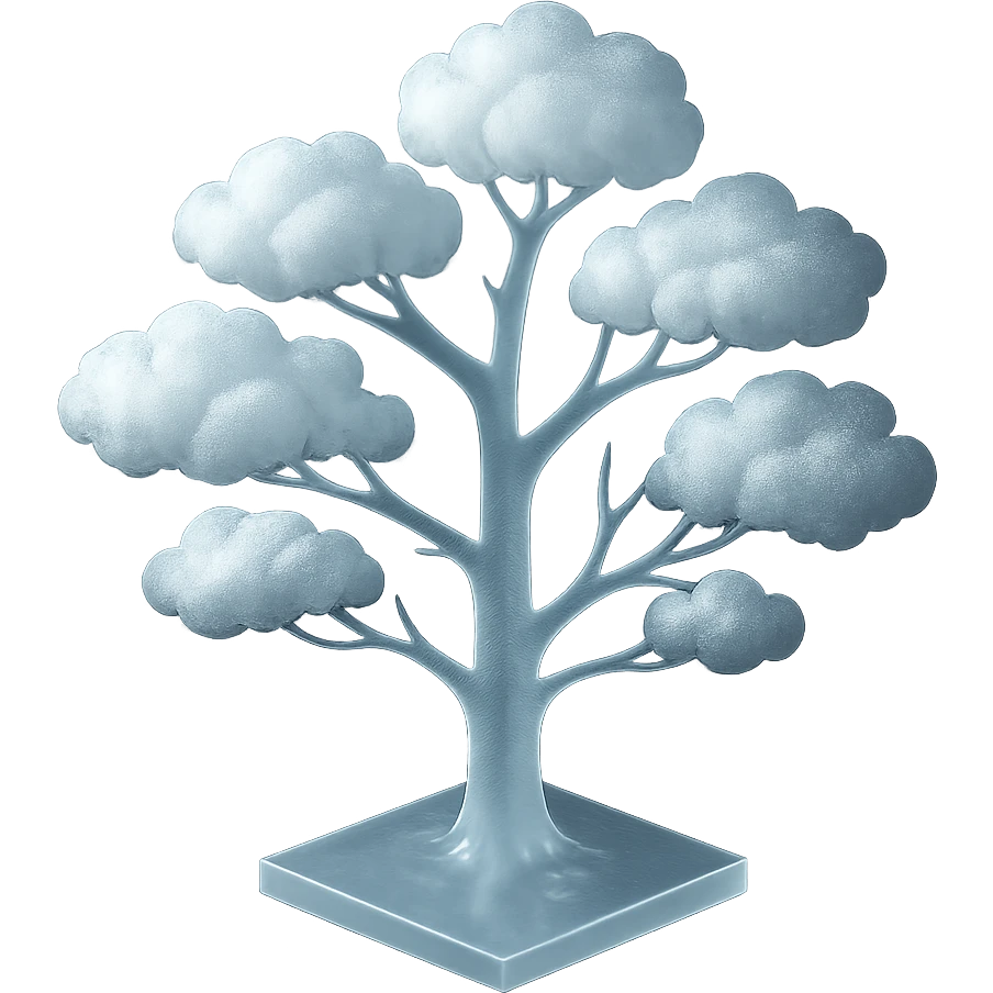 lonely tree, many branches, white trunk, crown made of small rich white fluffy clouds, matte glass style emoji