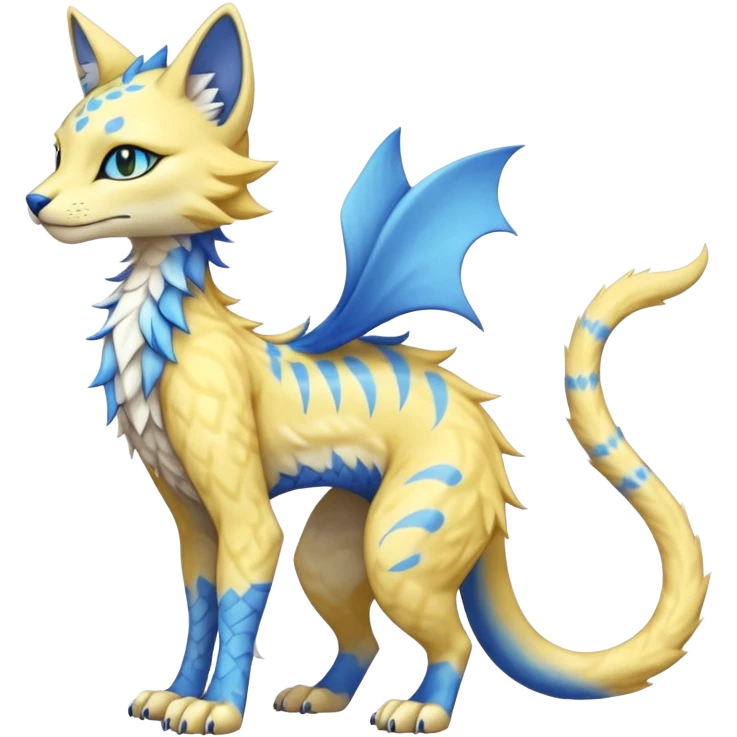 Kawaii yellow and blue beautiful pretty elegant divine edgy fantasy feline-vernid-sergal-fursona animal creature with a tufted tail full body with intricate markings  emoji