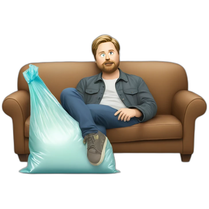 tim heidecker with a beard lazy lounging on couch holding a plastic ziploc bag of walnuts emoji