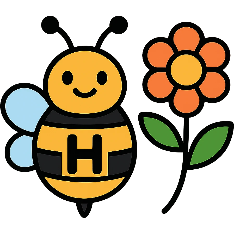 cartoonish bumblebee with the letter H and a colorful flower emoji