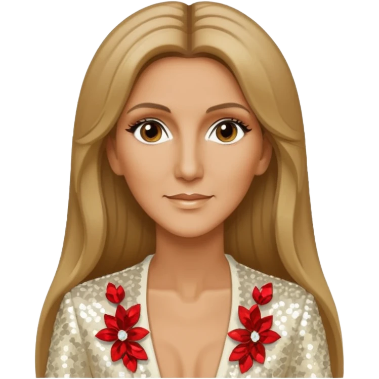 Celine Dion with long dark blonde hair, ivory sequin outfit emoji