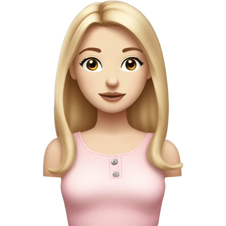Girl with dirty blonde, straight hair medium length past shoulders , blue/grey eyes with semi long lashes, pale but not albino, freckles mostly on and around the nose, button nose, not thick but not thin lips with a small cupids bow shape, facing front on with shoulders and up wearing a light pink coquette  emoji