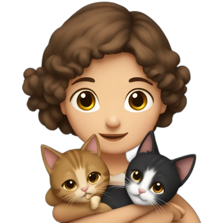 a young girl with brown hair and with two cats hugging her, one black and the other snowshoe emoji
