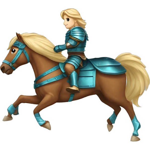 Chestnut brindle brindled striped horse blonde mane running galloping wearing blue and cyan armour  emoji
