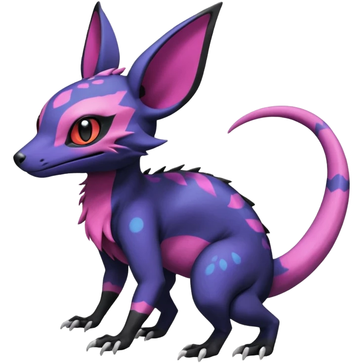 Rare epic aesthetic colorful Salandit-Noibat-Eevee-Genet-species-Fakemon-hybrid-creature, with markings, full body emoji