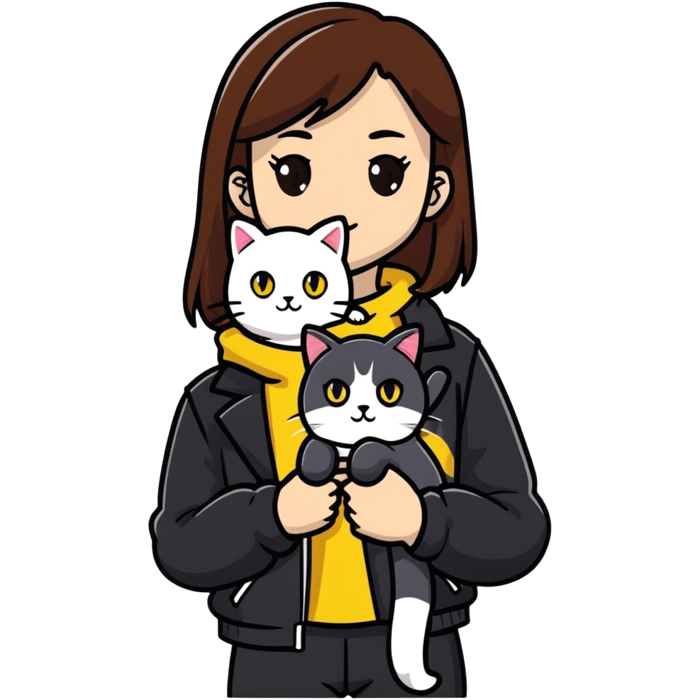 Light-skinned girl with brown straight hair wearing a black jacket, with a white cat with yellow eyes and a calico cat emoji