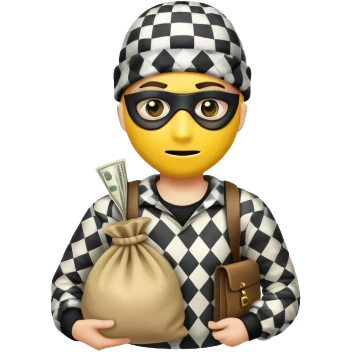 Robber with yellow skin wearing checker shirt,black eye mask, black beanie, and carrying a money sack emoji