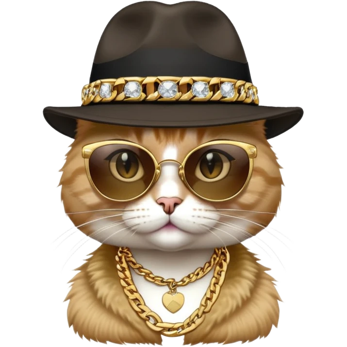 female cat head and shoulders wearing Run DMC hip-hop outfit, fedora, dark sunglasses, many gold chains, bling accessories emoji