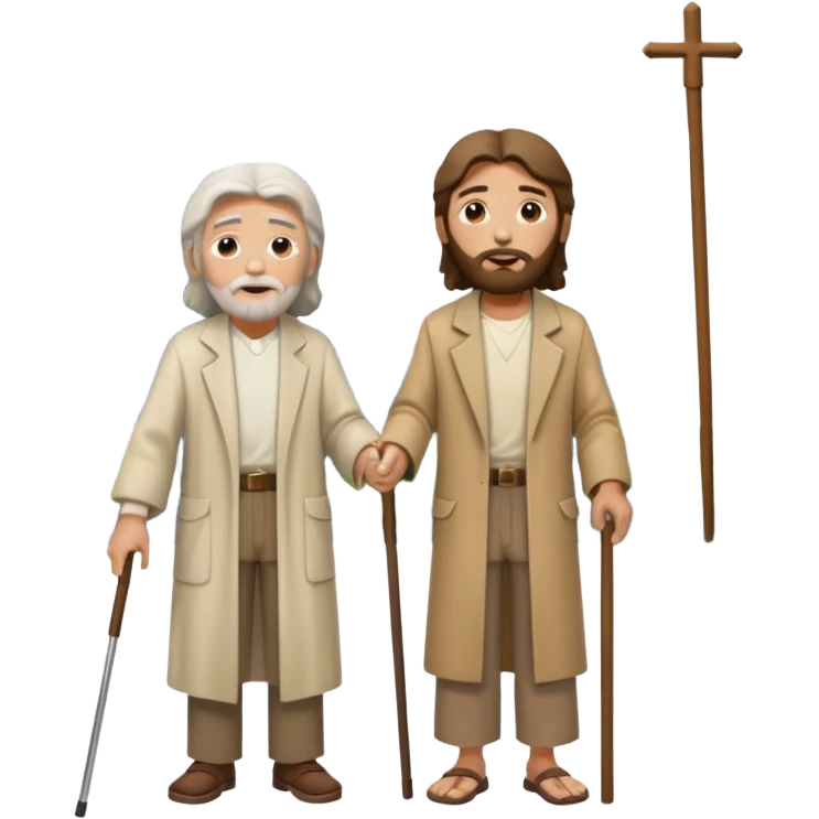 Jesus helping an elderly man with a cane, surrounded by city buildings emoji