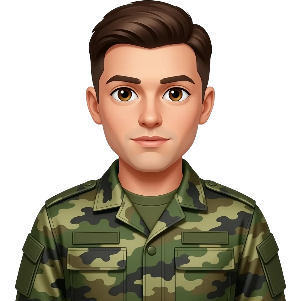 Young military guy in military outfit, with Brown straight hair and Brown eyes. Standinf upright emoji