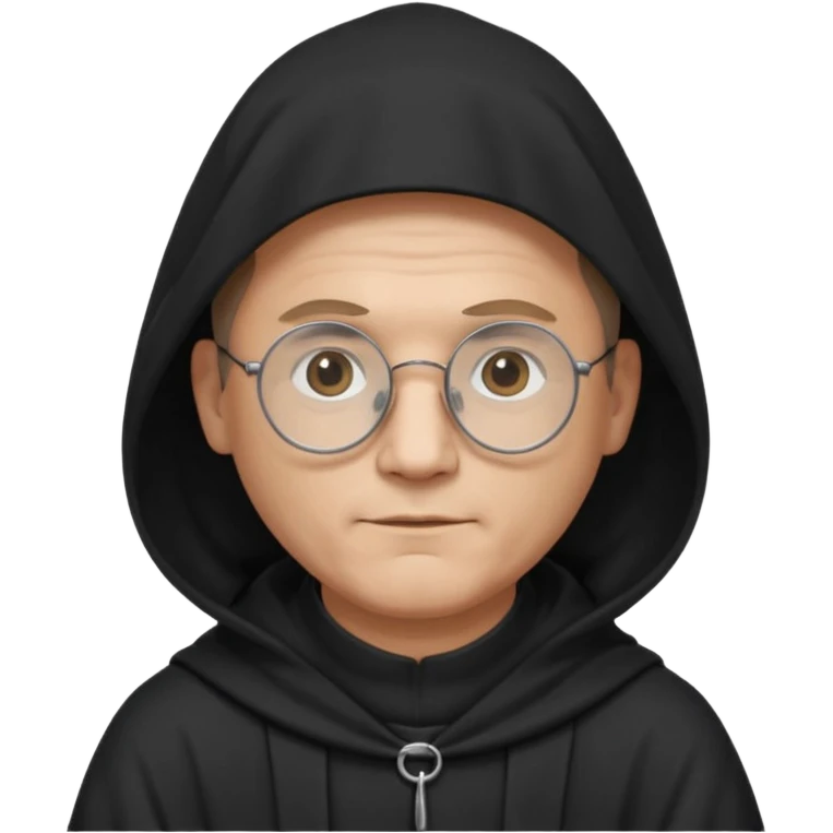 Monk priest prayer black habit with hood round black glasses done light brown wavy hair under hood remove the medallion smaller more round glassed age 46 remove necklace thinner or more oval face  emoji