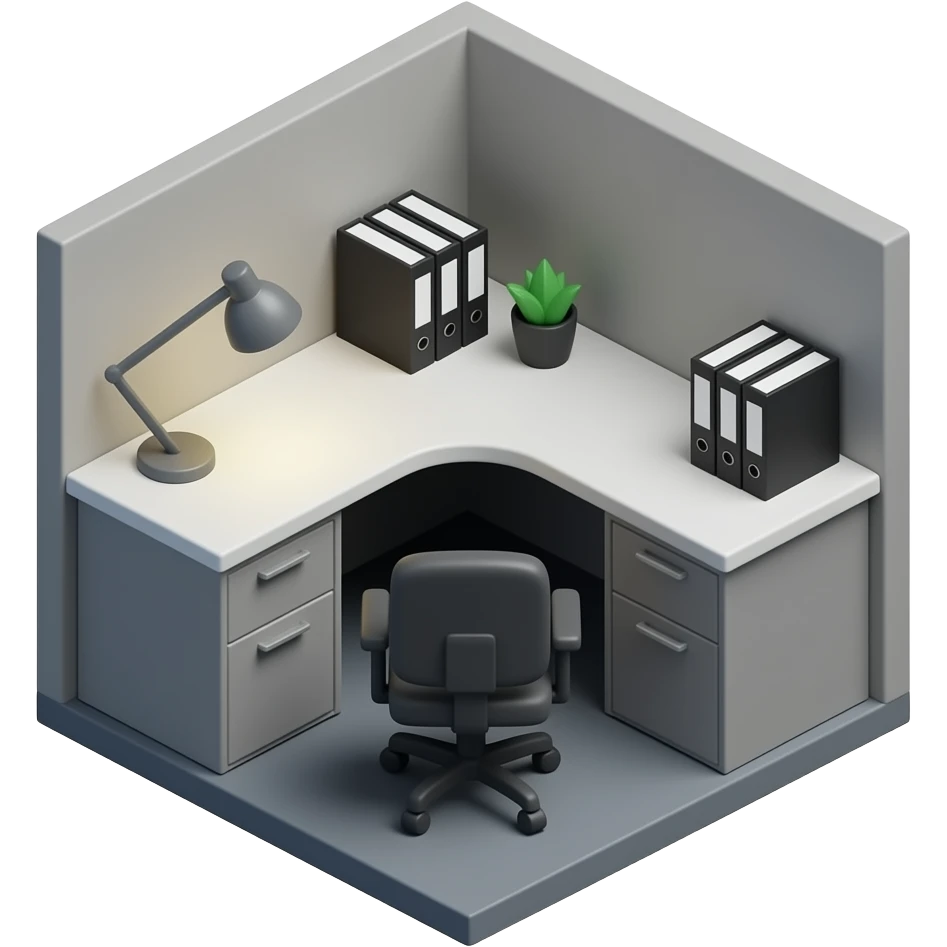 Apple-style 3D emoji icon, cubicle desk with file cabinets, isometric angle, desk lamp on, office chair, clear workspace, rounded shapes, soft gradients, iPhone emoji aesthetic, high-resolution PNG, grays and blacks and whites, absolutely no floor as part of the emoji emoji