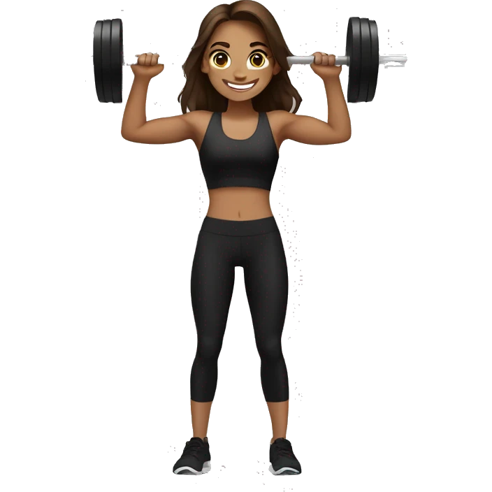 Gym girl lifting weights,brown hair brown-gen eyes, smiling wearing black gym leggings emoji