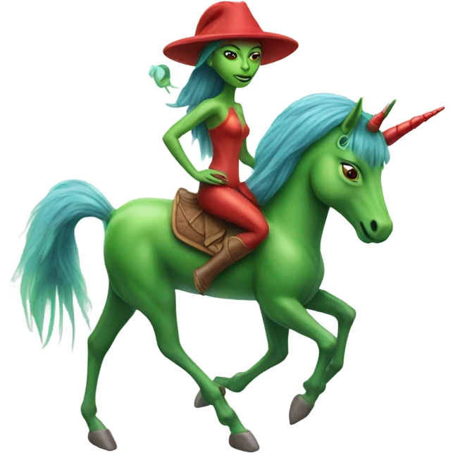 a green amazon alien woman, on a four-legged red unicorn emoji