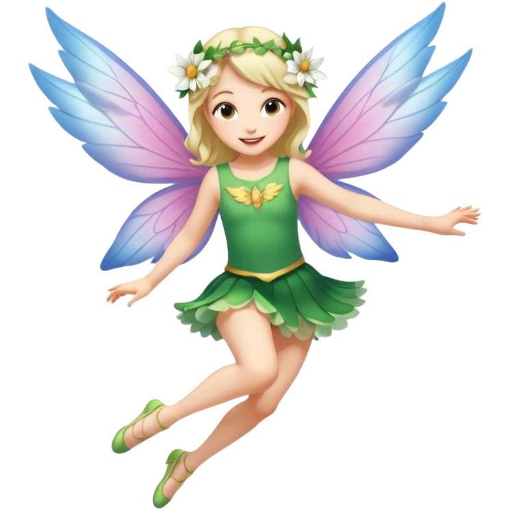 A winged flower fairy white skin girl, wearing a short skirt, one leg straight and the other bent, her body tilted, in a flying pose. emoji