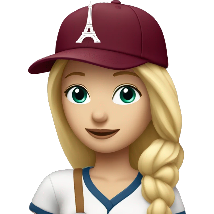 Blonde girl with Eiffel Tower in burgundy baseball hat emoji
