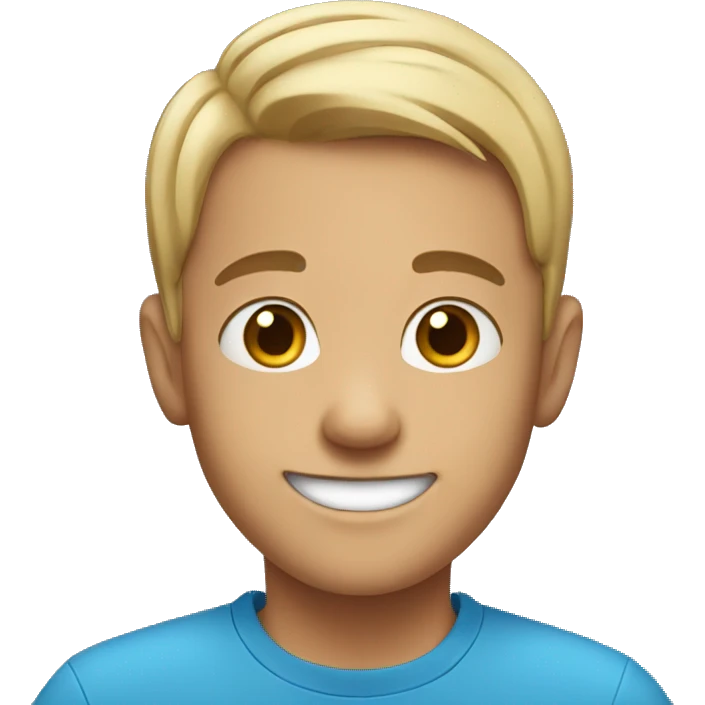 smiling boy in blue shirt less hair emoji