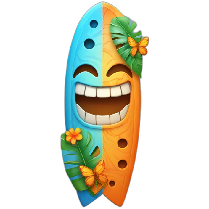 Cartoon Blue and orange smiling tiki with butterfly and surfboard emoji