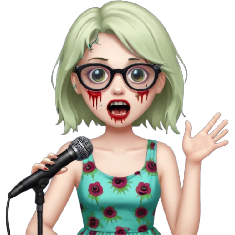 singer, Zombie girl, super happy, wearing dress, singing to mic, glasses emoji