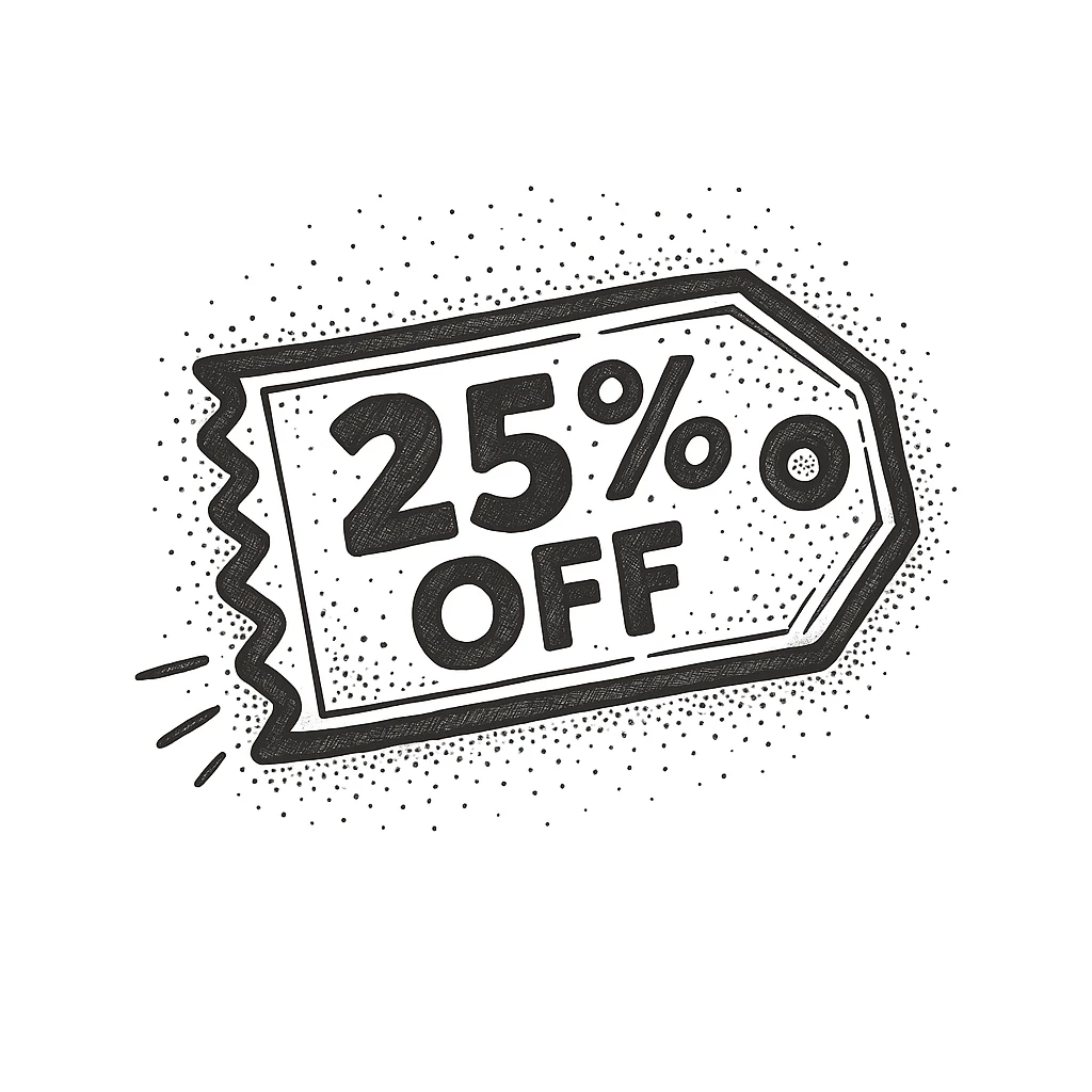 25% off discount ticket, doodle style, more detailed emoji