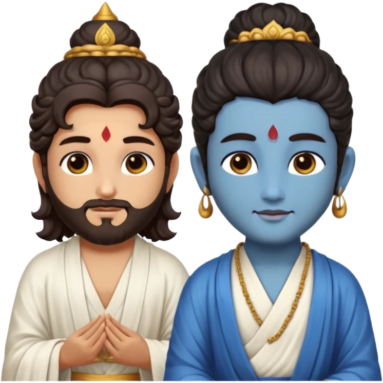 Create a Jesus - long wavy dark-brown hair, short beard, wearing a simple white robe., Krishna- blue skin with dark curled hair , and Buddha standing together. Buddha: warm golden or light tan skin, dark curled hair with a traditional top bun (ushnisha)

 emoji