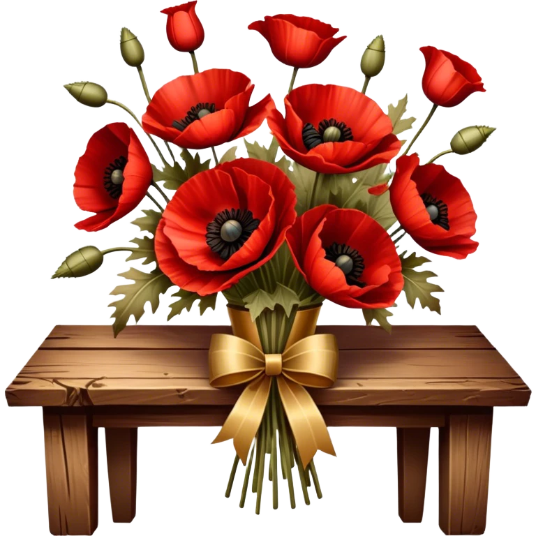 A lush bouquet of deep red poppies tied with a faded gold ribbon, resting on an antique wooden table. Warm brown leaves and golden sunlight add a vintage charm. emoji